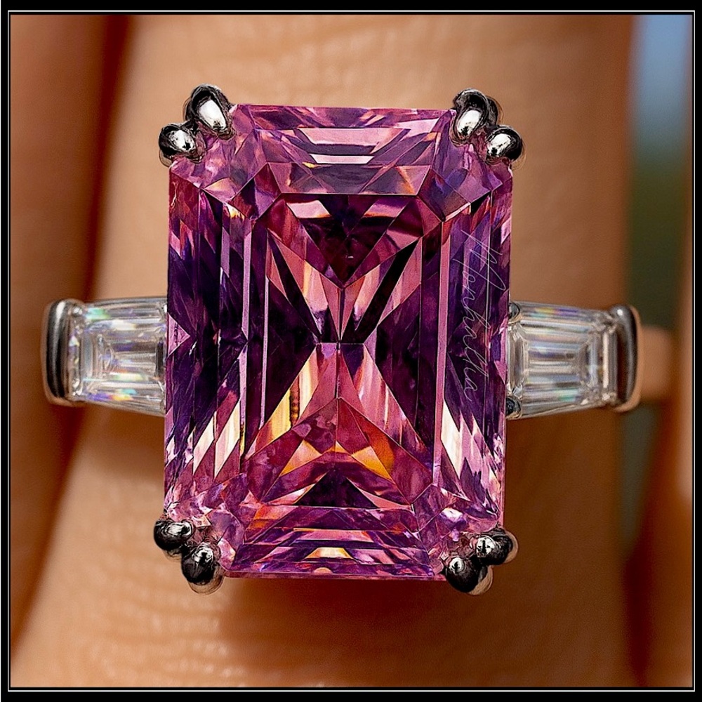 NEW WHITE GOLD 9ct BAGUETTE EMERALD CUT SIMULATED PINK TOPAZ RING